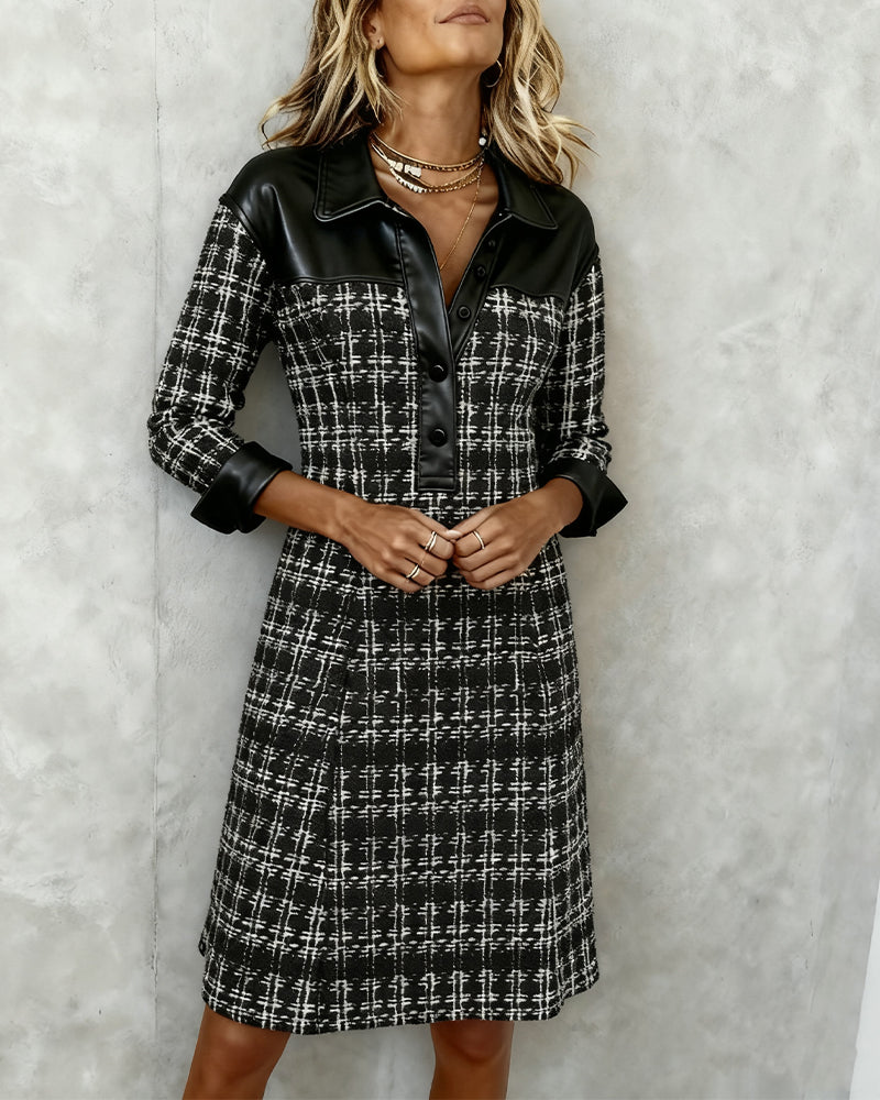 Samantha | Long Sleeve Patchwork and Houndstooth Dress